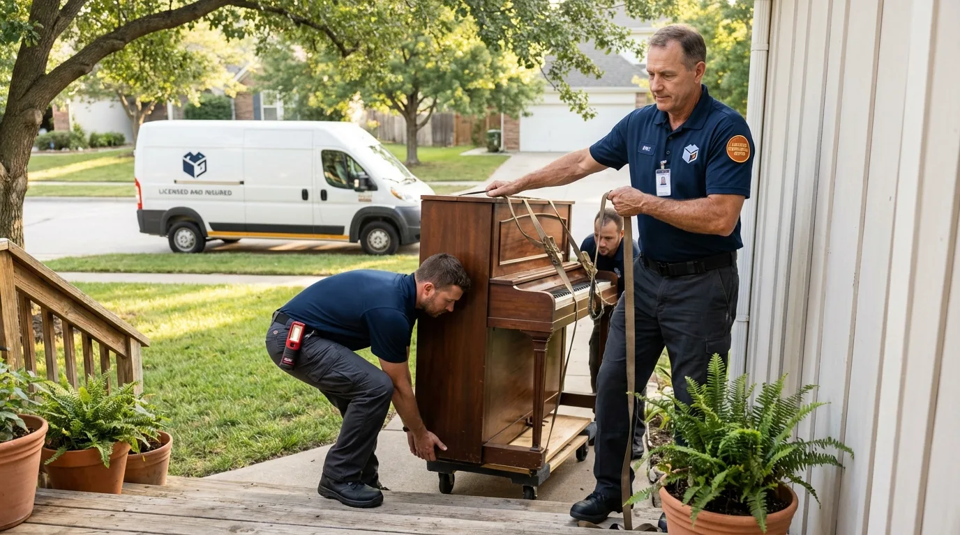 Licensed piano movers securing grand piano in Rogers City, MI