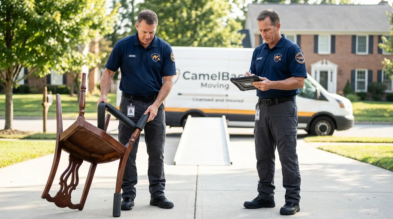 Movers inspecting furniture for damage prevention before loading in Rogers City, MI