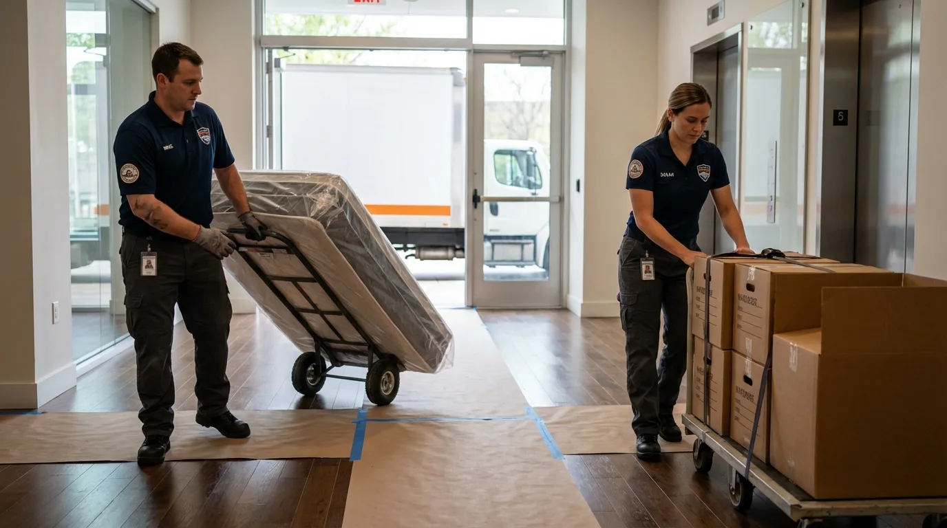 Professional apartment movers loading elevator in Rogers City, MI