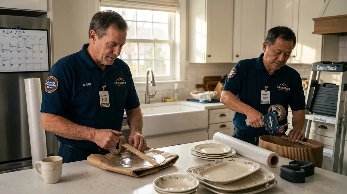 Professional crew packing kitchen dishware in Rogers City, MI